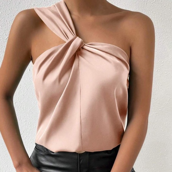 One Shoulder Solid Satin Blouse - Picture 1 of 9